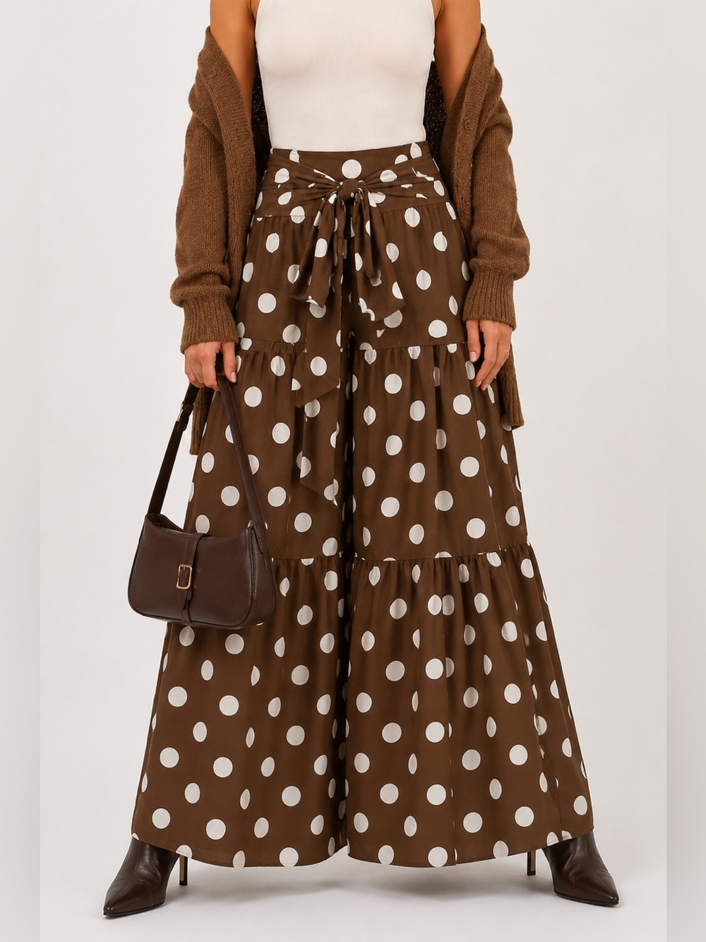 Timing Polka Dot Wide Leg Tiered Pants Brown White Belted High Rise S, M, L
